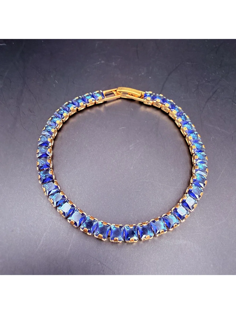 candy+clover royal blue square crystal gold tone tennis bracelet